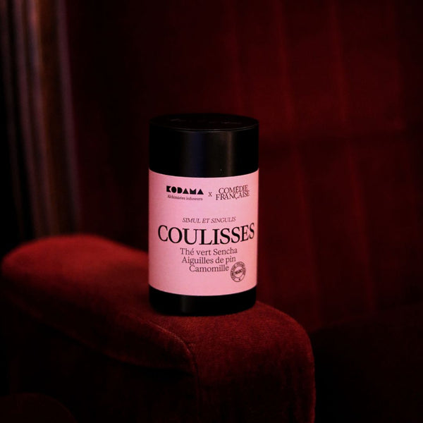 coulisses bio comédie francaise kodama thé vert sencha, aiguilles de pin camomille ambiance fauteuil boite