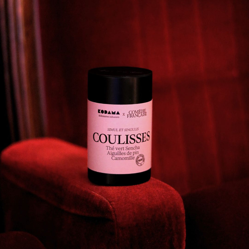 coulisses bio comédie francaise kodama thé vert sencha, aiguilles de pin camomille ambiance fauteuil boite