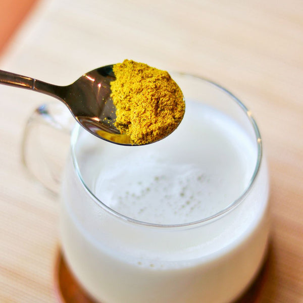 Épices Alchimiques Bio pour Golden Latte – Infusion – Poudre d'épices – Kodama Paris - Cuilliere avec poudre au dessus d'une tasse
