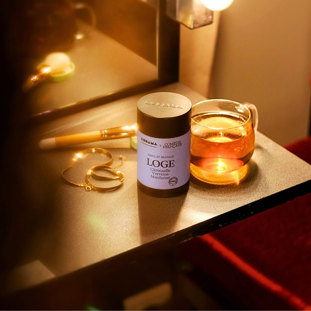 loge bio comédie francaise kodama infusion citronnelle verveine mandarine  boîte infusion en vrac et tasse en loge