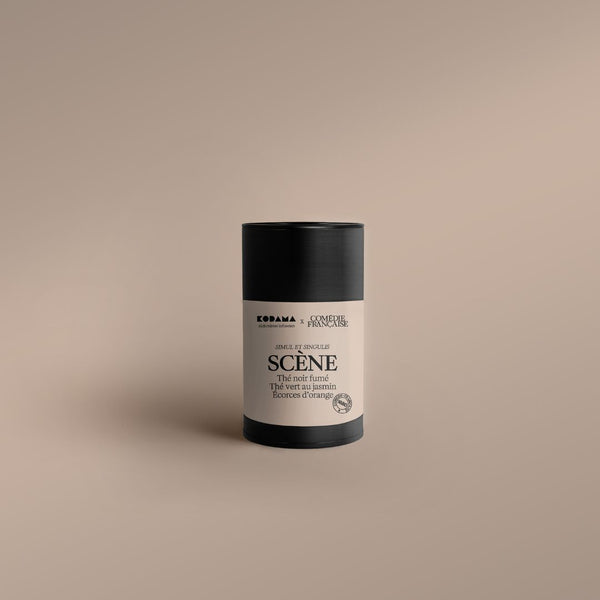 scène bio comédie francaise kodama thé noir fumé, thé vert au jasmin écorces d'orange boîte vrac